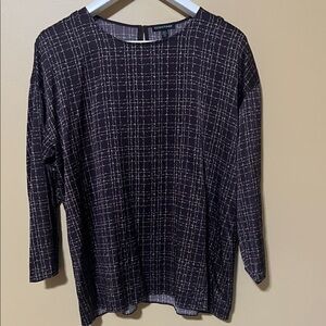 Eileen Fisher Purple and White Grid Pattern Long Sleeve Silk Top. Large